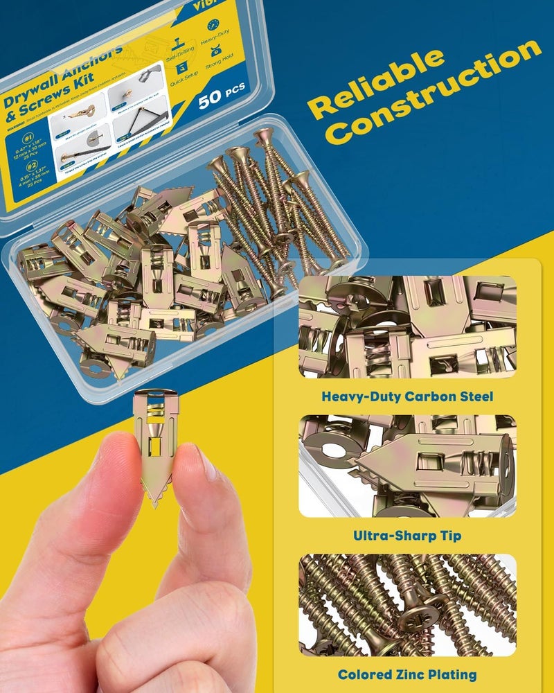 Vibit Self Drilling Drywall Anchors, Heavy Duty Wall Anchors for Drywall, Metal Dry Wall Anchors and Screws Kit, Carbon Steel Sheetrock Anchors with #6 x 1 3/8" Screws, Picture Hanging Kit, 50 Pcs - Image 3